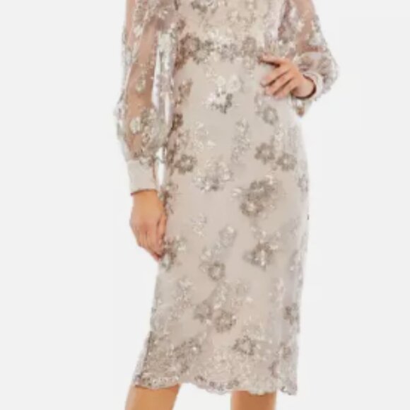 MAC DUGGAL 70237 EMBELLISHED HIGH NECK ILLUSIONS LONG SLEEVE MOCHA MIDI DRESS 14 - Picture 3 of 6